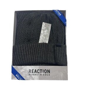 Reaction Kenneth Cole Beanie & Scarf Mens Gray Herringbone Knit Hat 2 piece